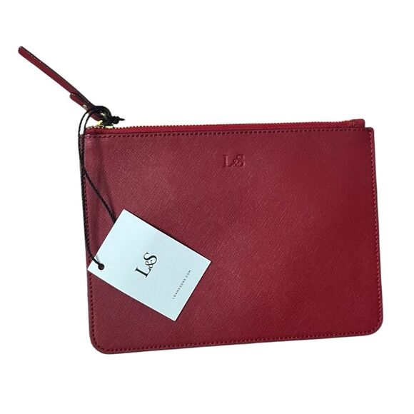 Lo & Sons NWT Large Saffiano Pouch Red Gold Hardware Clutch 9x6.5 - Picture 2 of 9